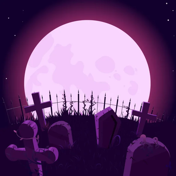 Fondo púrpura con luna grande y cementerio, vector. Contexto — Vector de stock