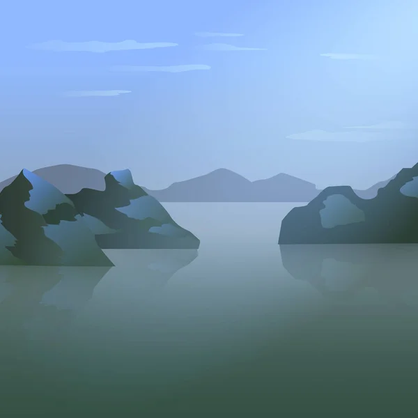 Fondo azul con mar, cielo y montañas. Ilustración vectorial de un casquete — Archivo Imágenes Vectoriales
