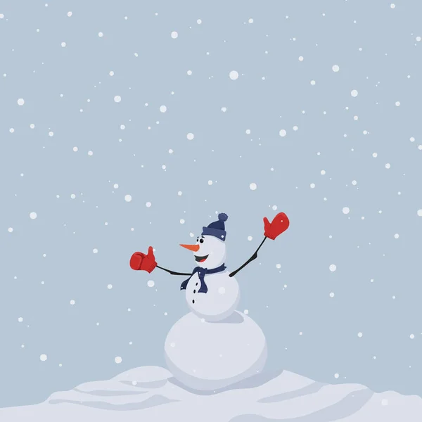 Boneco de neve alegre com um chapéu azul. Está nevando. Vector. Boneco de neve e neve. Fundo de Natal —  Vetores de Stock