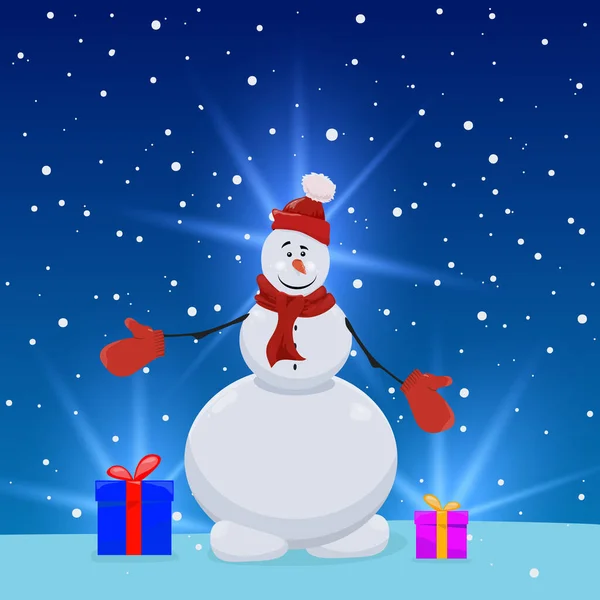 Fundo com um boneco de neve e presentes. O fundo brilha. Homem de neve de Natal . —  Vetores de Stock