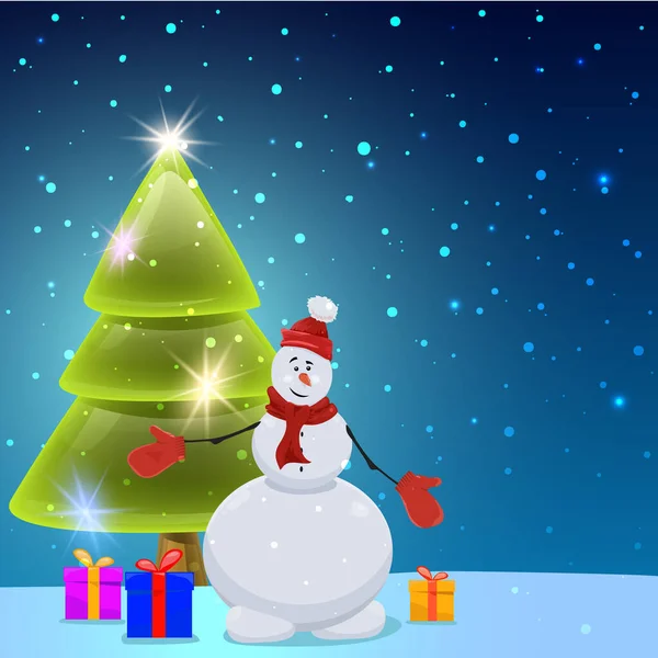 Fundo festivo brilhante com árvore de Natal e boneco de neve. Vecto. —  Vetores de Stock