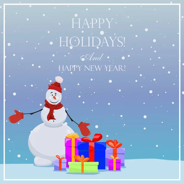 Snowman and gifts. New Year card. Snowman and gifts. Christmas present. — Stock Vector