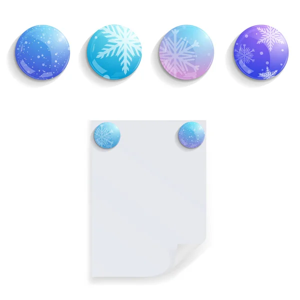 Set of Christmas magnets. Vector objects. Snowflake Magnets. Vector. A sheet of paper with a wrapped corne — Stock Vector