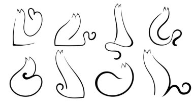 Bir grup kedi silueti. Beyaz arka planda komik kedi resimleri. Soyut kedi kuyruğu. Kedi siluetleri.