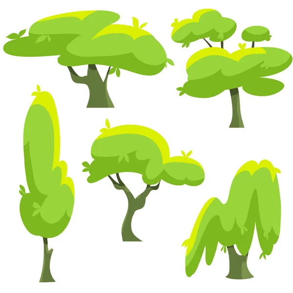 Un conjunto de diferentes especies de árboles y arbustos en un estilo plano. Ilustración vectorial árboles de hoja caduca y coníferas — Vector de stock