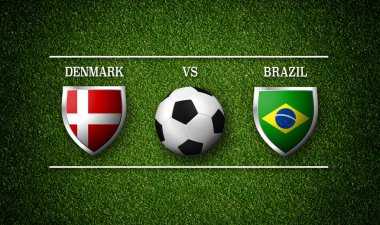 Futbol maç programı, Danimarka vs Brezilya, ülkeler ve futbol topu - 3d render bayrakları