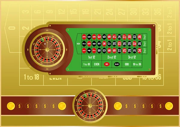 Casino ruleta y monedas de oro . — Vector de stock