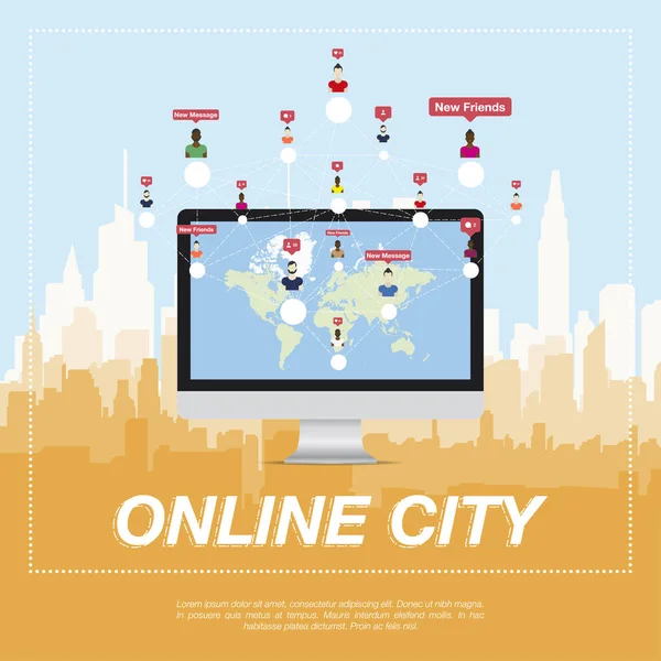 Online stad, mensen communiceren in een netwerk. — Stockvector
