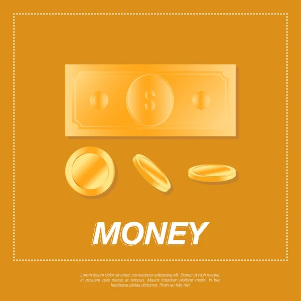 Golden coins and dollar on orange background. — Stock Vector