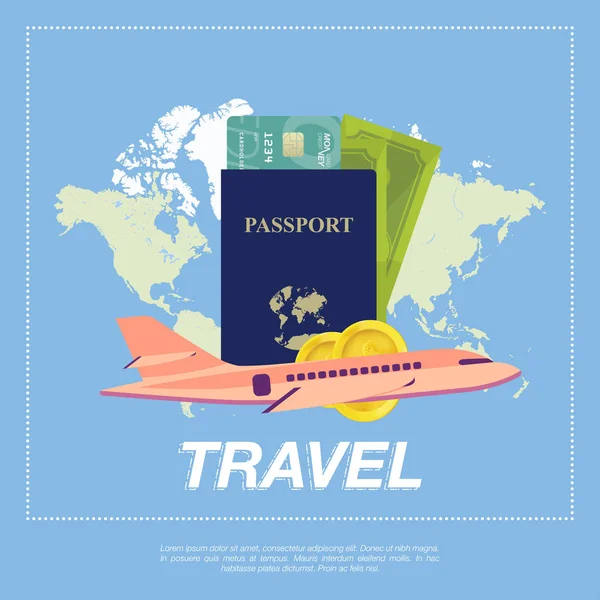 Set to travel. The plane, a passport with money. — Stock Vector