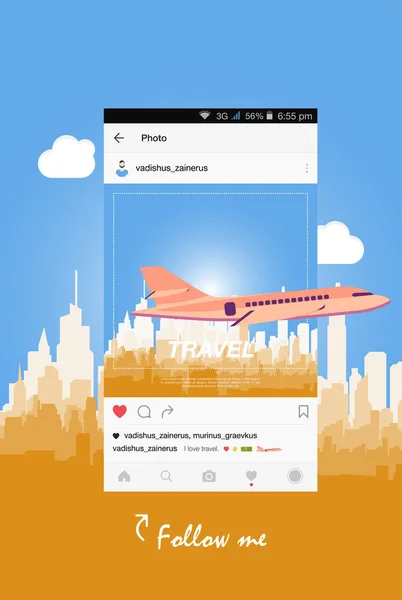Мобильное приложение и самолет, летящий над городом . — стоковый вектор