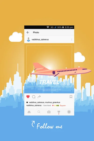 Мобильное приложение и самолет, летящий над городом . — стоковый вектор