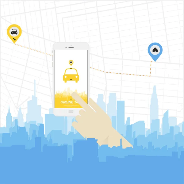 Online Taxi en smartphone in de hand. — Stockvector