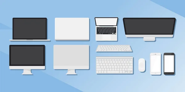 Eine Reihe von Gadgets. Computer, Telefone und Tablets. — Stockvektor