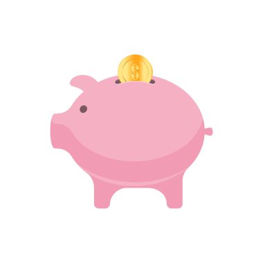 Kumbara paralar için. pembe domuz ve beyaz zemin üzerine altın sikkeler.