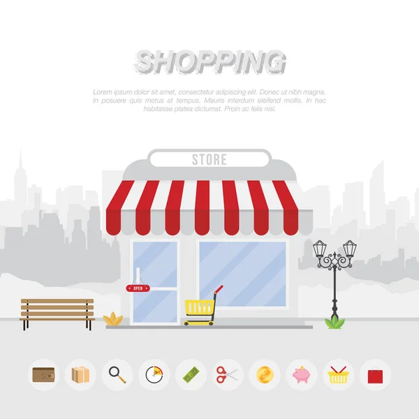 Tienda e iconos en la silueta de fondo de la ciudad . — Vector de stock