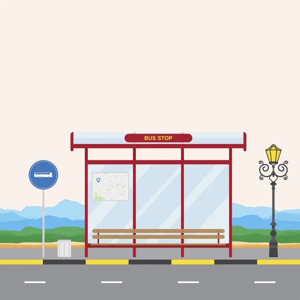 A parada de ônibus no fundo da natureza com um banco e um sinal de trânsito . — Vetor de Stock