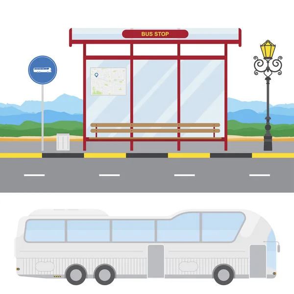 Uma parada de ônibus com um ônibus no fundo da natureza . — Vetor de Stock