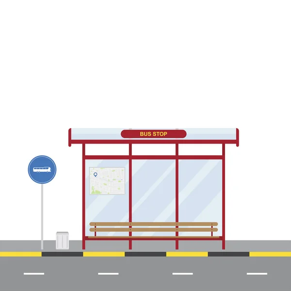 Bir tezgah ve trafik işaretleri ile otobüs durağı. 