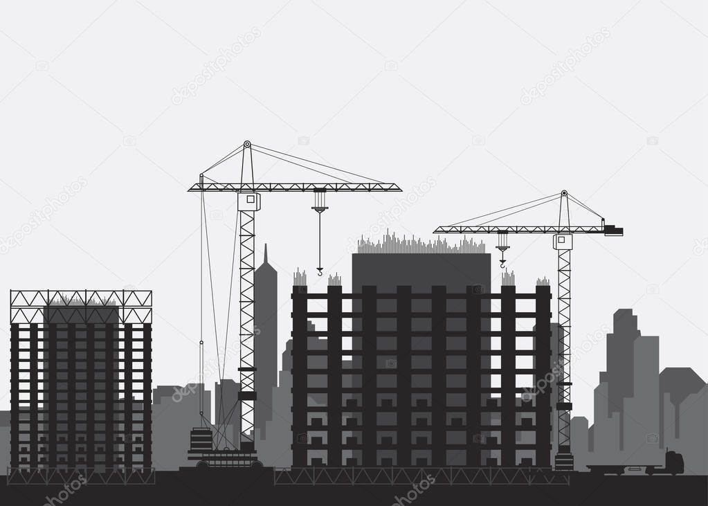 Silhouettes of building houses. Tower crane and houses of monolith. Flat vector illustration EPS10