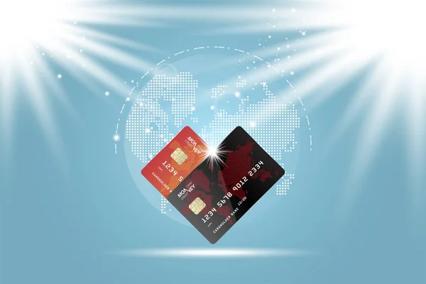 Plastikowe karty kredytowe. Przedniej stronie karty z mapą świata cyfrowego. — Wektor stockowy