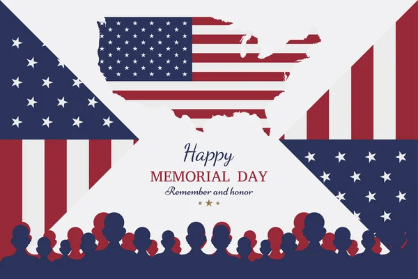 Happy memorial day. Greeting card with flag and soldier on background.