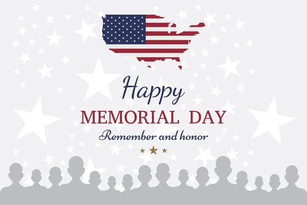 Happy memorial day. Greeting card with flag and soldier on background.