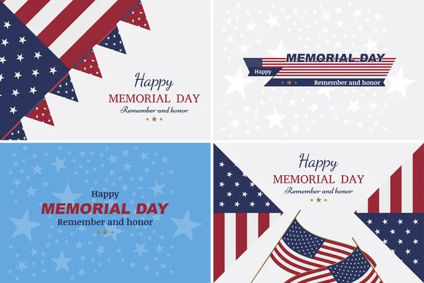 Marque o feliz dia do memorial. Cartões de saudação com bandeira no fundo . — Vetor de Stock
