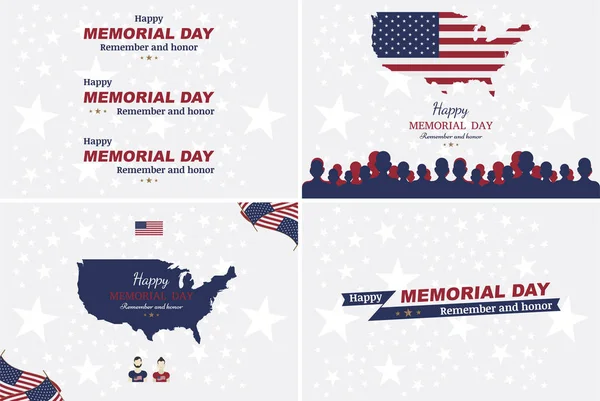 Set happy memorial day. Greeting cards with flag on background.