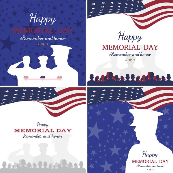 Set happy memorial day. Greeting cards with flag and soldier on background. — Stock Vector