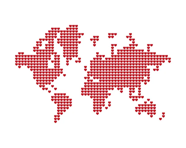 世界地図は赤の心で構成されています. — ストックベクタ
