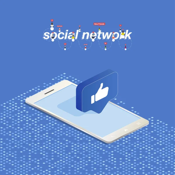 Botón 3D de redes sociales en isométrico en smartphone. Icono de la red social pulgar a la parte superior. Ilustración vectorial EPS 10 — Archivo Imágenes Vectoriales