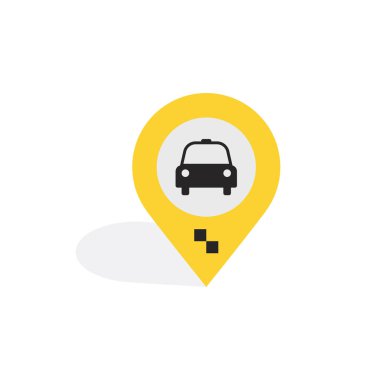 Bir geolocation simgesi beyaz zemin üzerine sarı taksi simgesiyle.