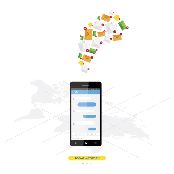 Nouveau message dans smartphone blanc sur fond carte du monde . — Image vectorielle