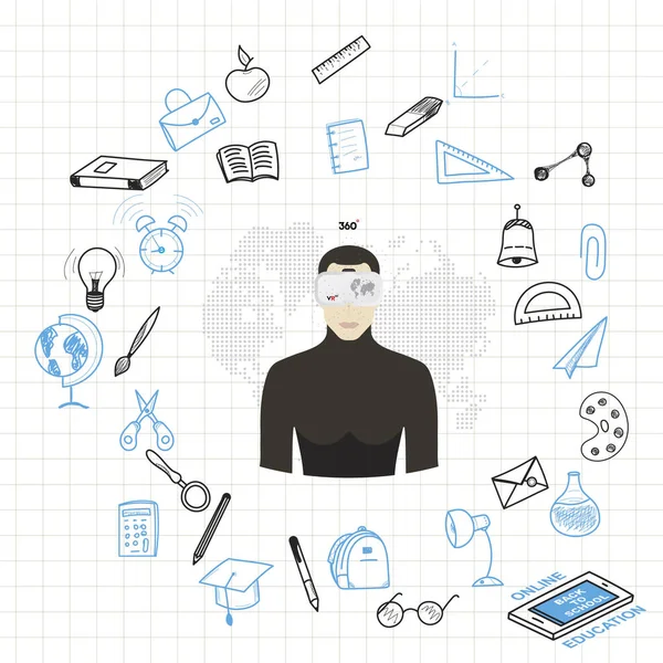 Sanal gerçeklik gözlüklü online öğrenme kavramı.