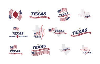 Uyarı Kasırgası Texas. Sembolleri bayrak, haritalar ve okları ile beyaz bir arka plan ayarla.