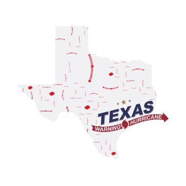 Uyarı Kasırgası Texas. Haritalar ve yayla beyaz bir arka plan üzerinde sembolleri.