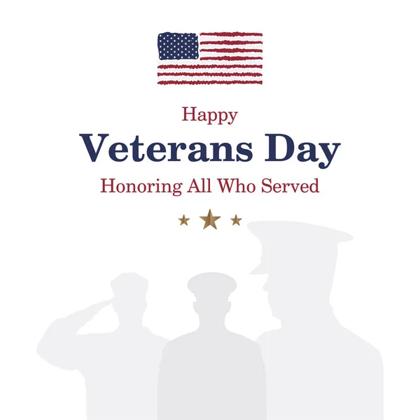 Happy Veterans Day. Greeting card with USA flag and soldier on background.