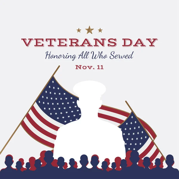 Glad Veterans Day. Gratulationskort med Usa flaggan och soldat på bakgrund. — Stock vektor