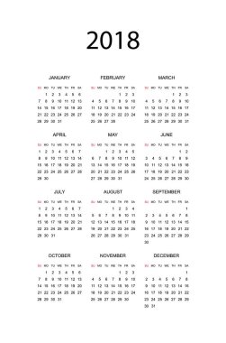 2018 yıl için basit takvim. Pazar hafta başlıyor.