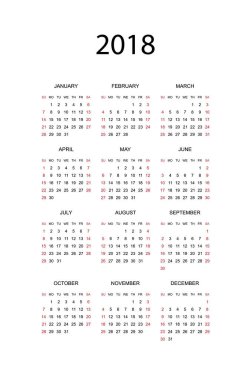 2018 yıl için basit takvim. Hafta Pazar başlar. Düz vektör çizim Eps10