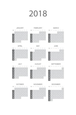 2018 yıl için basit takvim. Pazar hafta başlıyor.