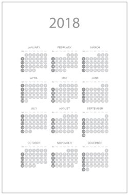 2018 yıl için basit takvim. Pazar hafta başlıyor.