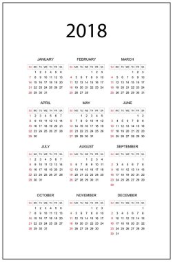 2018 yıl için basit takvim. Pazar hafta başlıyor. 