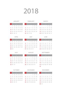 2018 yıl için basit takvim. Pazar hafta başlıyor.