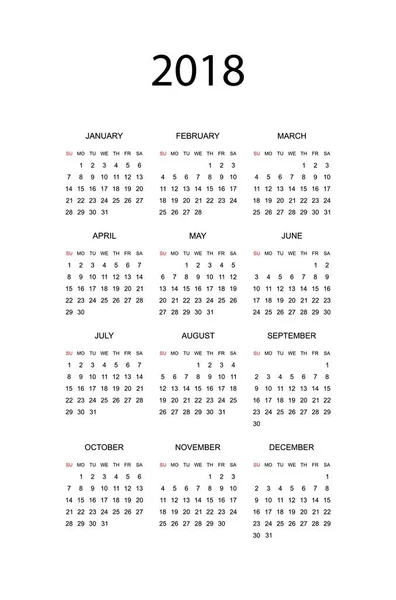 Simple calendar for 2018 year. Week starts from Sunday. — Stock Vector