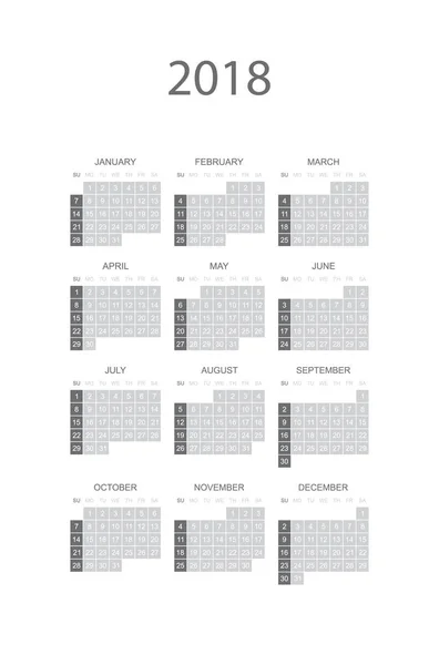 Calendrier simple pour 2018 année. Semaine commence à partir de dimanche . — Image vectorielle