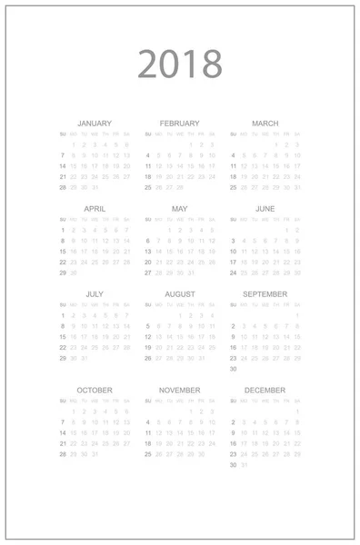 Calendrier simple pour 2018 année. Semaine commence à partir de dimanche . — Image vectorielle