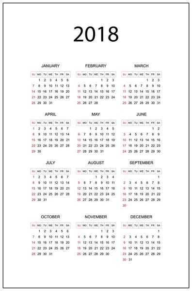 Simple calendar for 2018 year. Week starts from Sunday. — Stock Vector