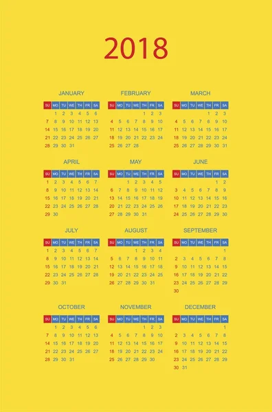 Simple calendar yellow color for 2018 year. Week starts from Sunday. — Stock Vector
